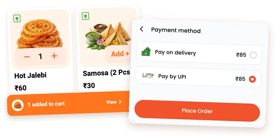Dishes added to the cart in the Furtilo app, and its payment screen with UPI and pay on delivery